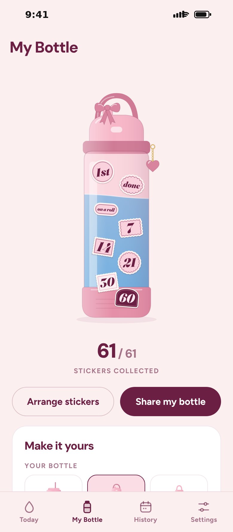 The My Bottle sticker book in the app